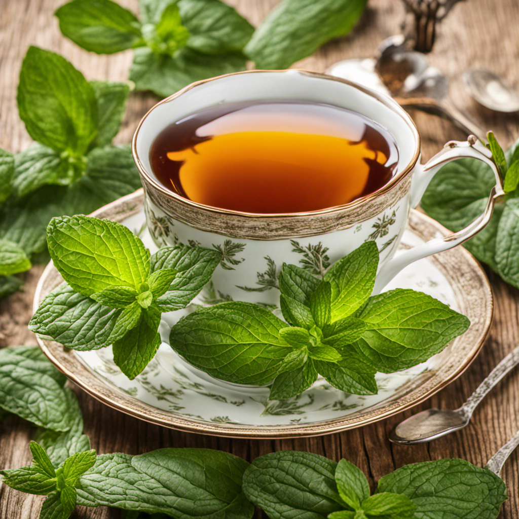 An image showcasing a close-up of a steaming cup of peppermint herbal tea, gently swirling with a soothing aroma