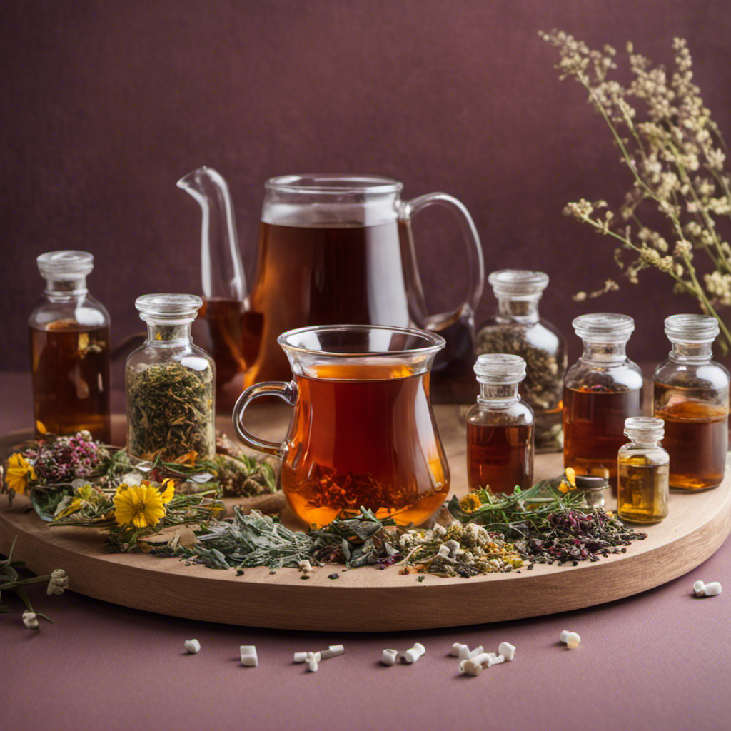 An image that showcases a steaming cup of herbal tea placed beside a neatly arranged array of thyroid medication bottles, highlighting the proximity between the two, while portraying a sense of caution and contemplation