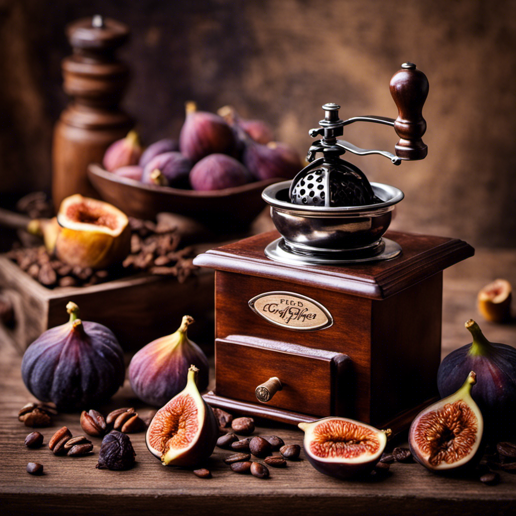 An image showcasing a rustic wooden table adorned with an antique coffee grinder, surrounded by dried figs, their rich hues of purple and amber evoking warmth