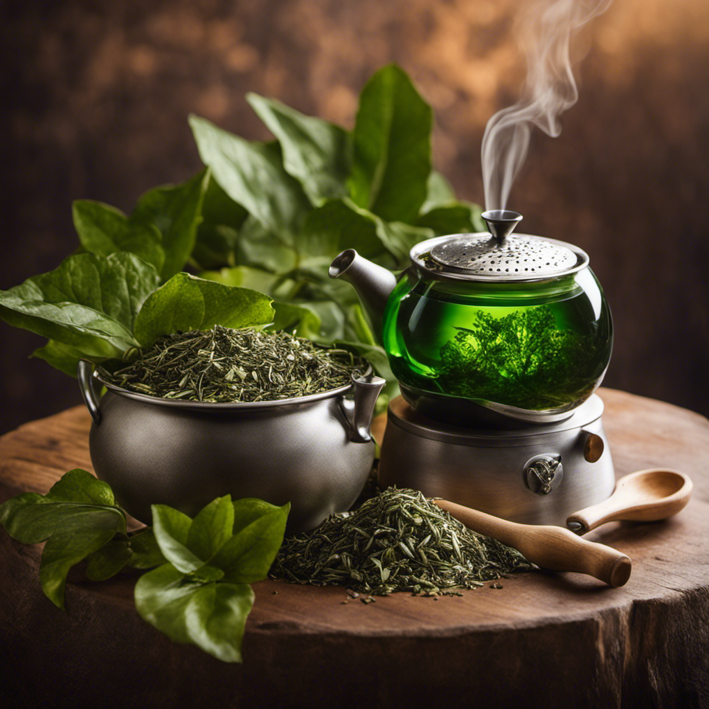 An image capturing the serene ritual of brewing yerba mate tea: a traditional gourd filled with vibrant green leaves, a silver bombilla immersed, steaming water poured gracefully, and delicate wisps of steam rising