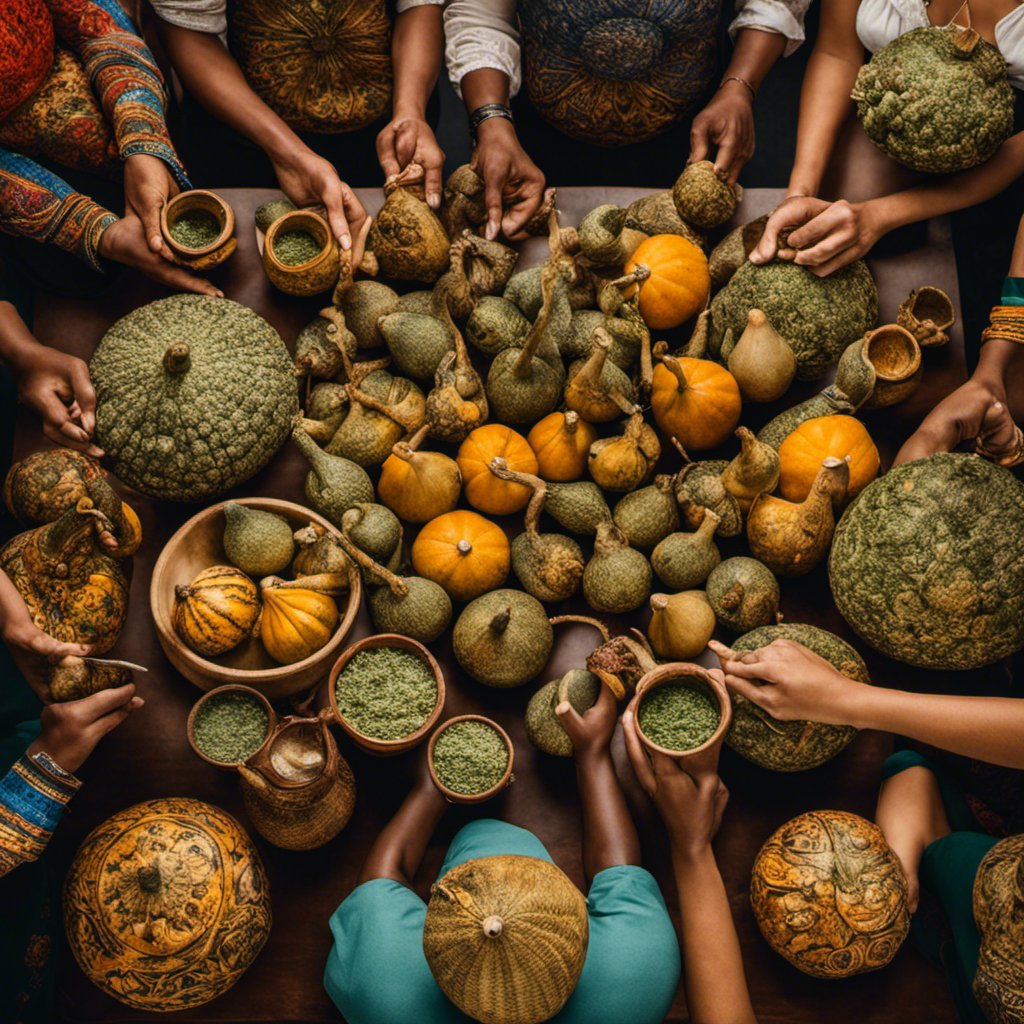 An image depicting a diverse group of people from various cultures, gathered around a table adorned with traditional yerba mate gourds and bombillas