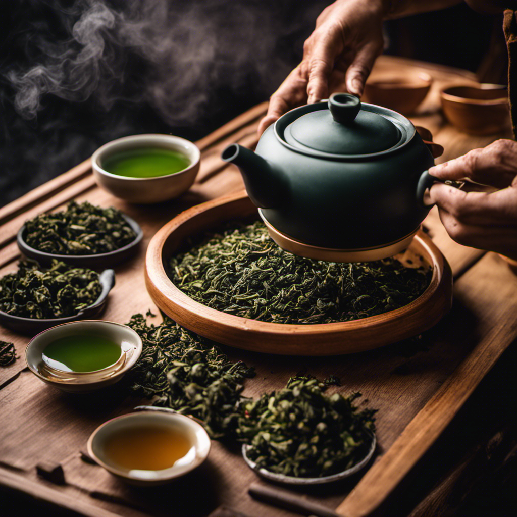 An image showcasing the serene process of making Oolong tea: A pair of skilled hands gently rolling vibrant emerald tea leaves on a wooden tray, with steam rising from a clay teapot nearby