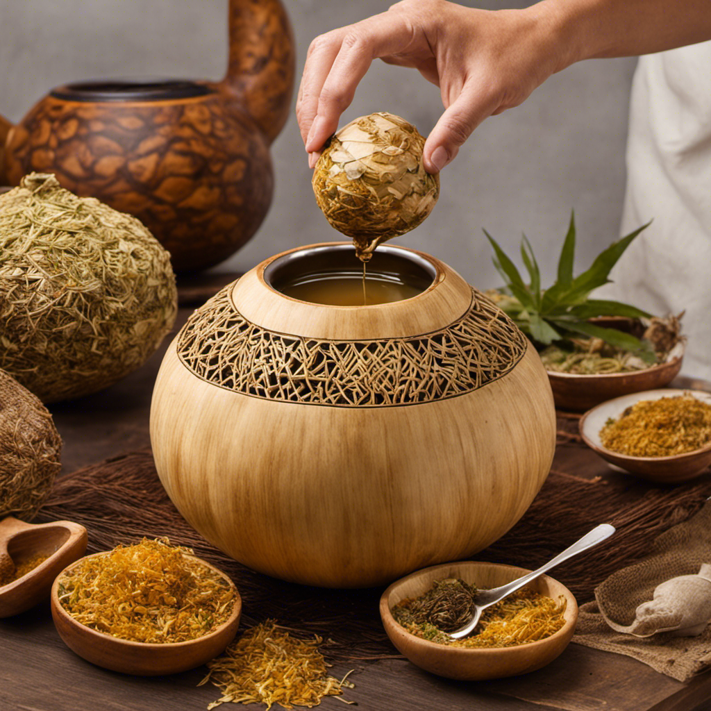 An image capturing the intricate process of preparing Yerba Mate tea: hands skillfully arranging dried leaves in a hollow gourd, pouring steaming water with precise gestures, and revealing the rich amber infusion