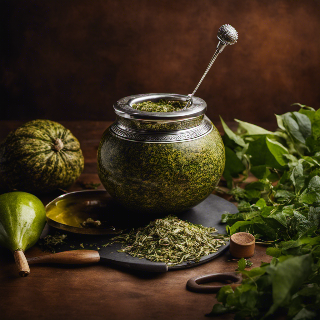 An image showcasing the meticulous process of preparing yerba mate: a gourd filled with vibrant green leaves, a silver bombilla immersed in hot water, wisps of steam rising, and hands gently stirring the infusion