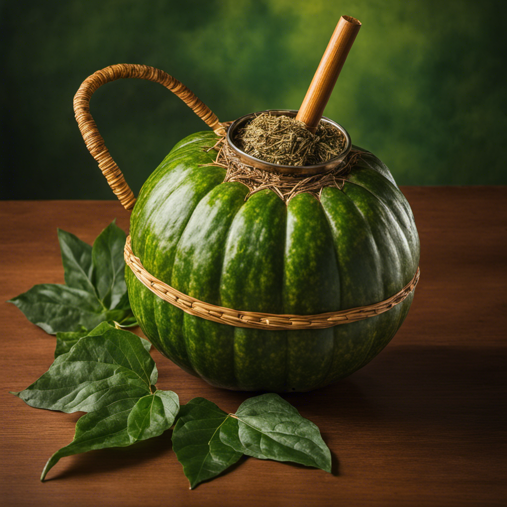 An image showcasing a close-up view of a gourd filled with vibrant green Yerba Mate leaves, surrounded by a traditional bombilla straw, exuding steam, and capturing the essence of South American culture
