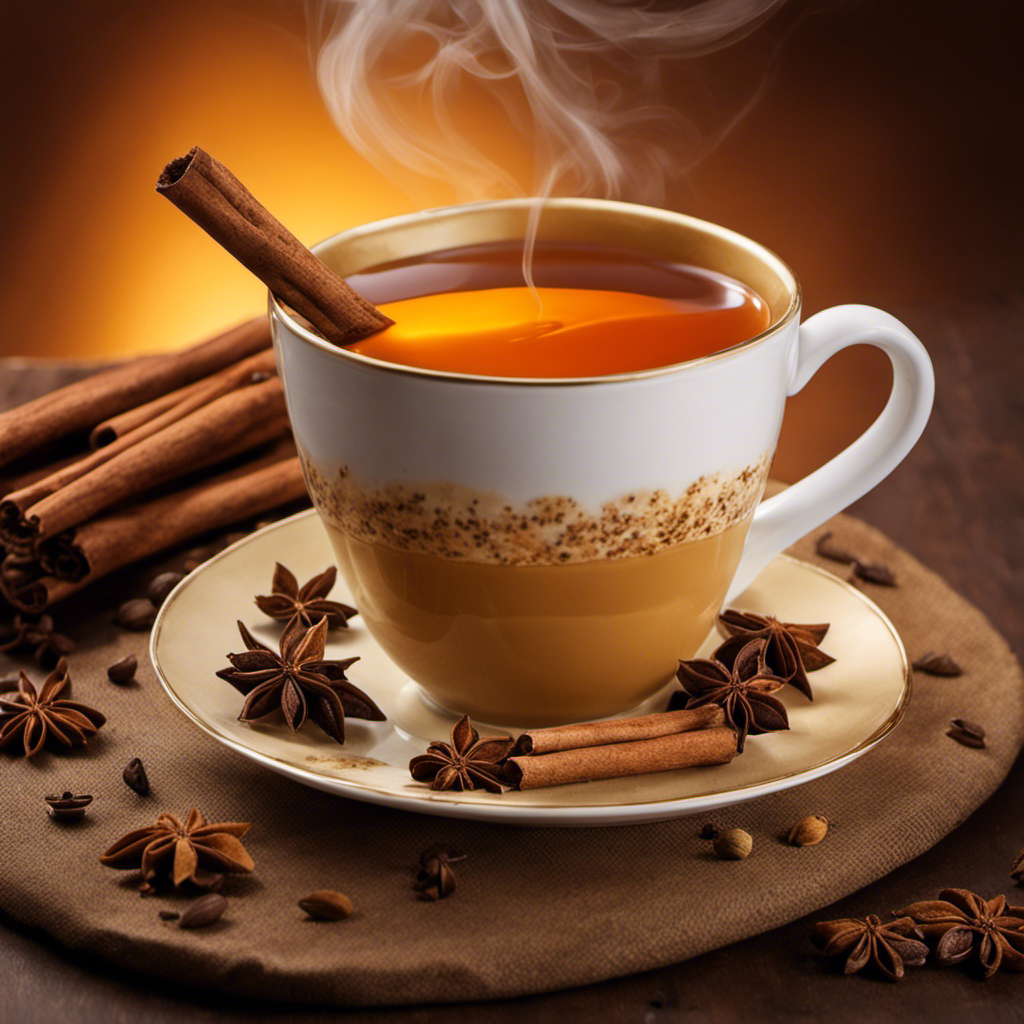 An image showcasing a steaming cup of chai herbal tea, delicately infused with aromatic spices like cinnamon, cardamom, and cloves