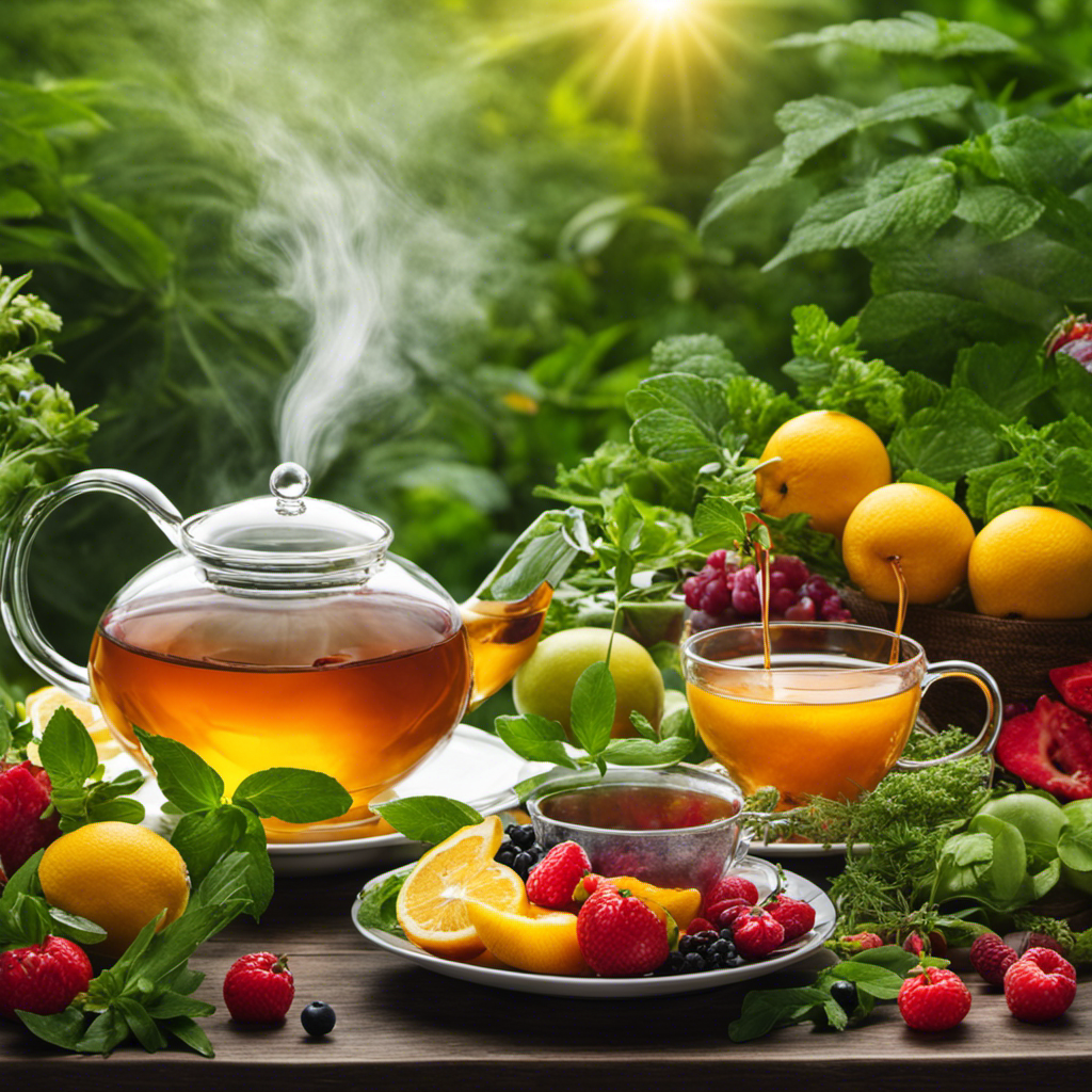 An image showcasing a serene morning scene with a cup of herbal cleanse tea gently steaming, surrounded by vibrant, fresh herbs and fruits, evoking feelings of rejuvenation, balance, and natural detoxification