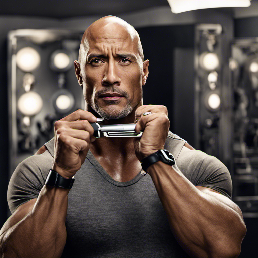 An image capturing Dwayne Johnson holding a sleek, silver electric razor in one hand while confidently gliding it across his perfectly smooth head, revealing the meticulous process of how he flawlessly shaves his head
