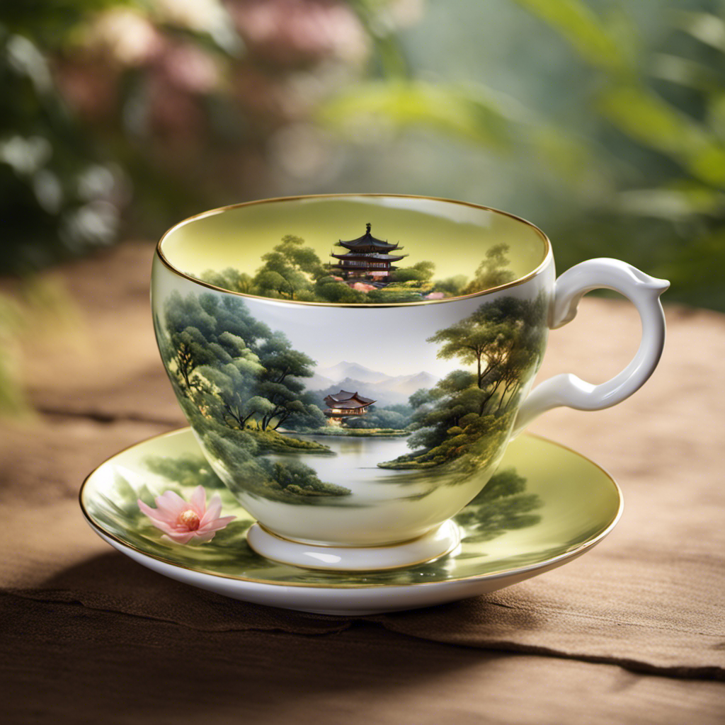 An image that captures the serene essence of sipping oolong tea: a delicate porcelain teacup, steam rising gracefully, enveloped in warm sunlight, casting a tranquil glow on a serene garden backdrop