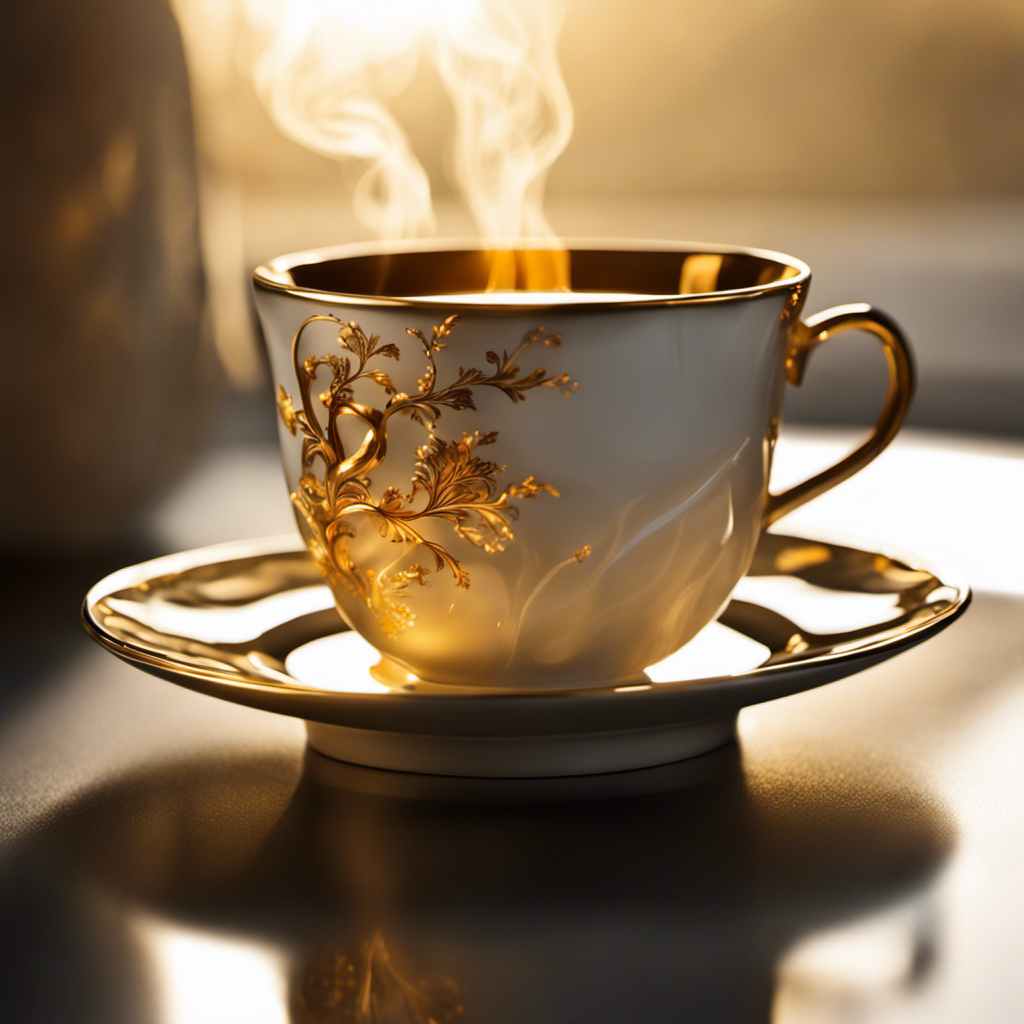 An image showcasing a delicate porcelain tea cup, filled with steaming oolong tea