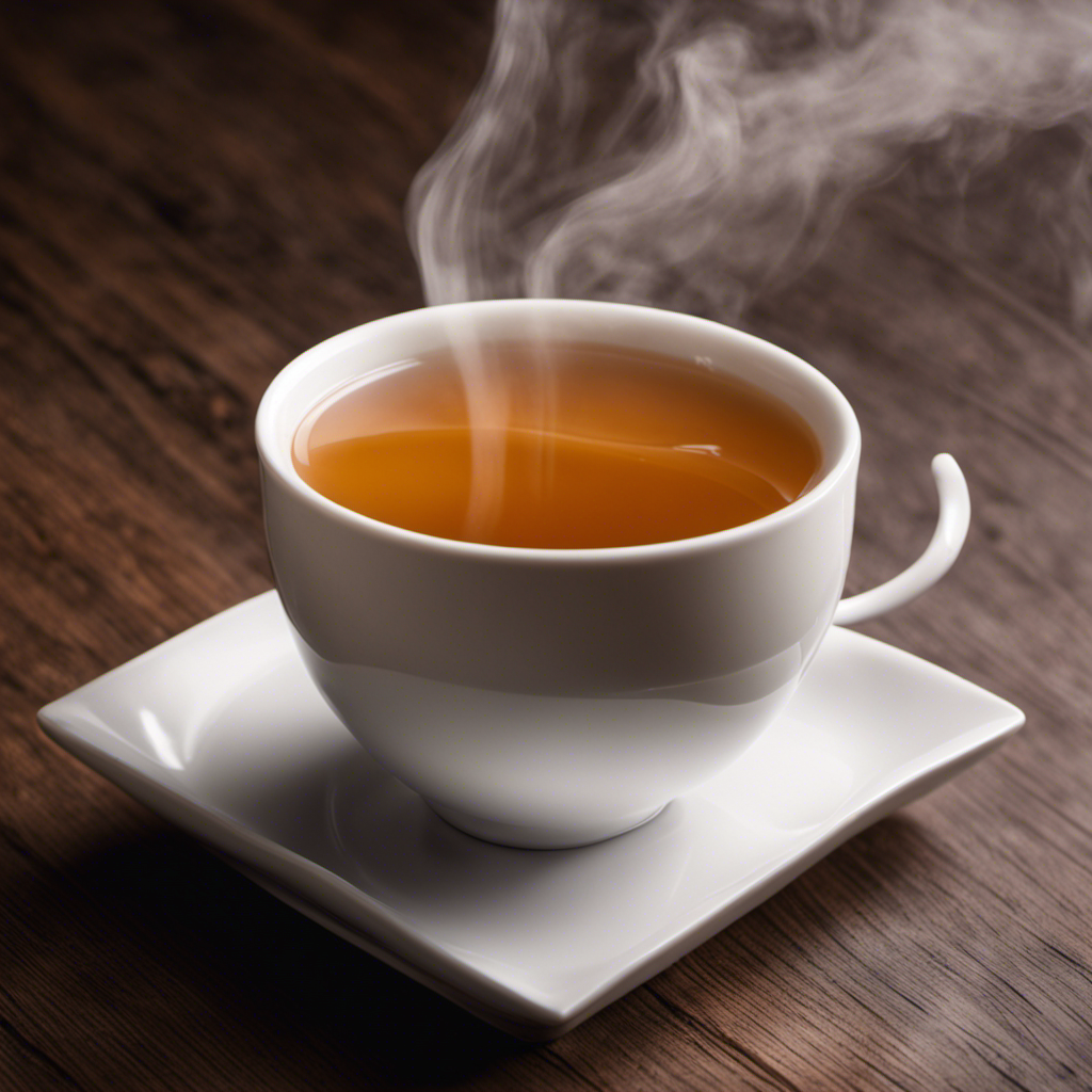 -up image of a soothing cup of warm oolong tea, elegantly placed on a wooden coaster, with steam gently rising from the cup, portraying a sense of relaxation and comfort