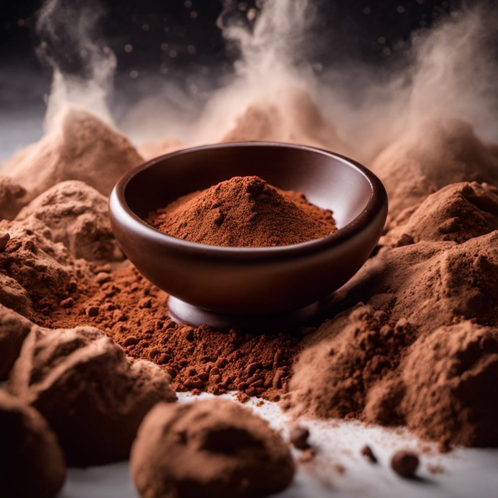 An image showcasing a small bowl filled with raw cacao powder being gently sifted over a mound of baking powder
