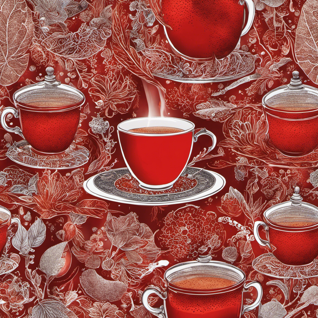 An image showcasing a vibrant red mug filled with steaming Rooibos tea, surrounded by liver cells with distinct autoimmune markers
