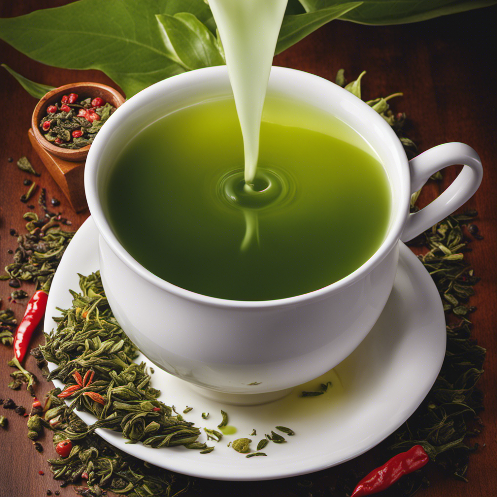 An image showcasing a steaming cup of green tea being poured into a bowl of spicy food, while a splash of milk slowly blends in, capturing the moment when the flavors intertwine