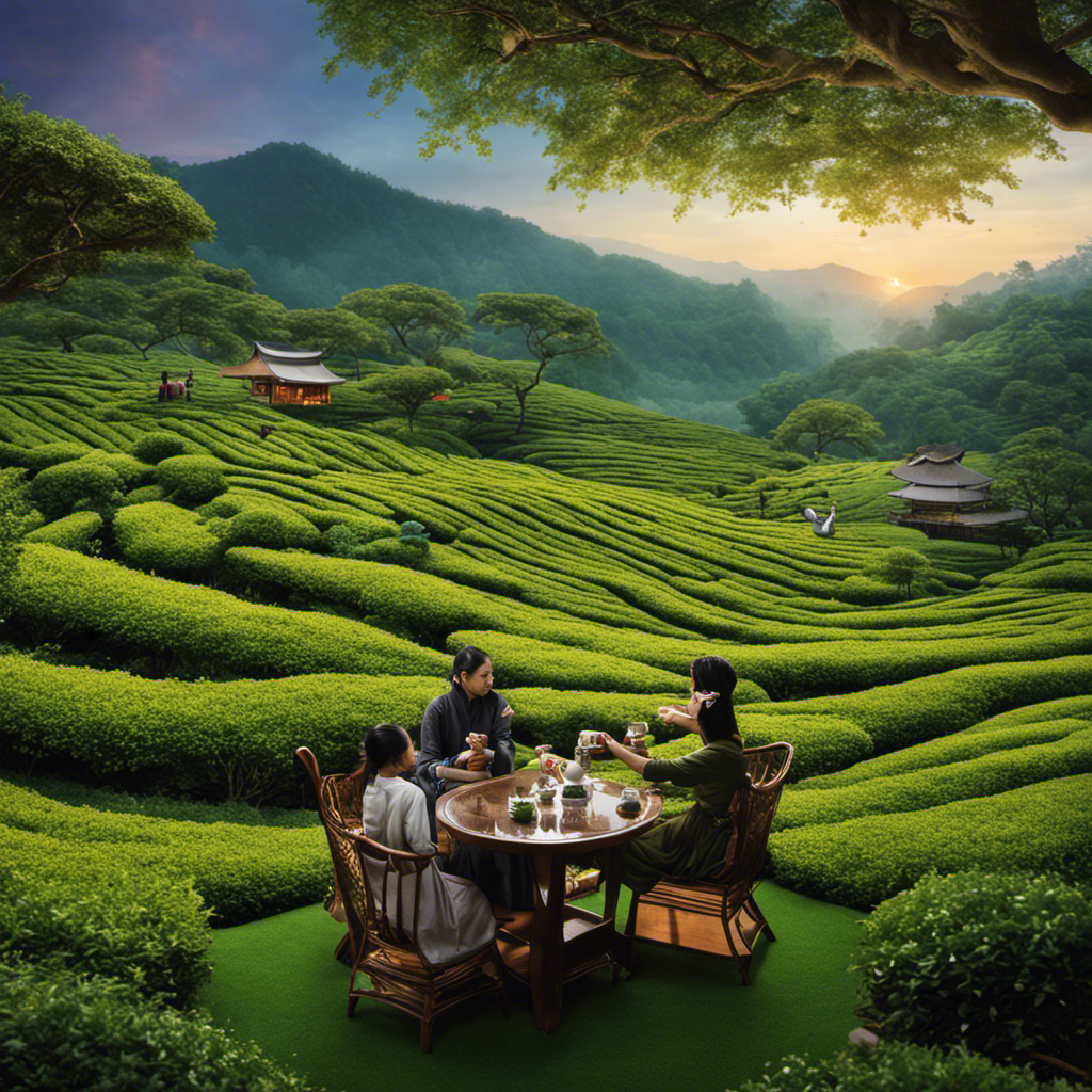 An image showcasing two contrasting scenes: a serene tea garden with individuals calmly sipping tea, and a vibrant energy drink bar with people buzzing with energy, visually highlighting the divergent effects of tea and energy drinks on the body