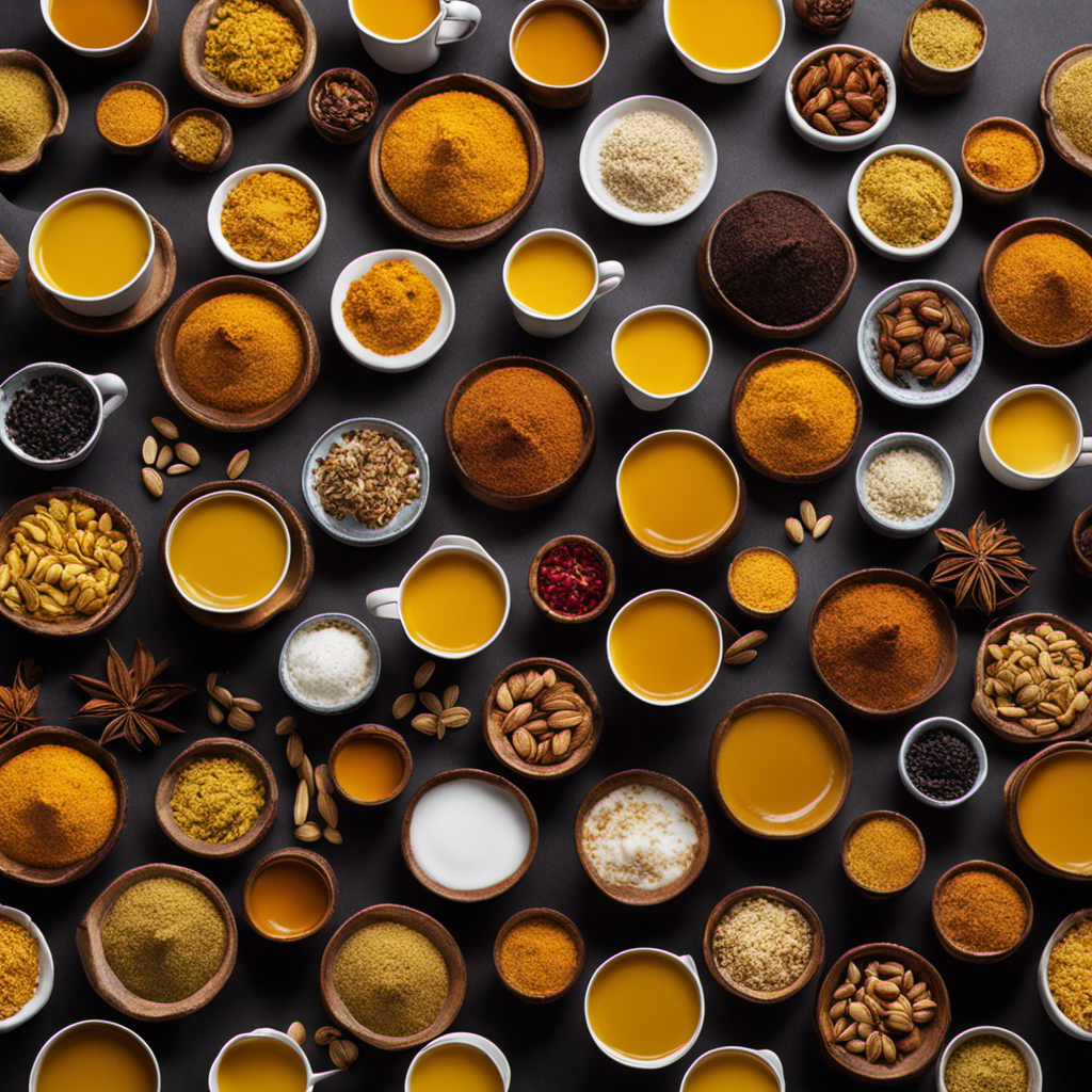An image showcasing a variety of steaming turmeric tea cups, each infused with a different non-dairy milk alternative