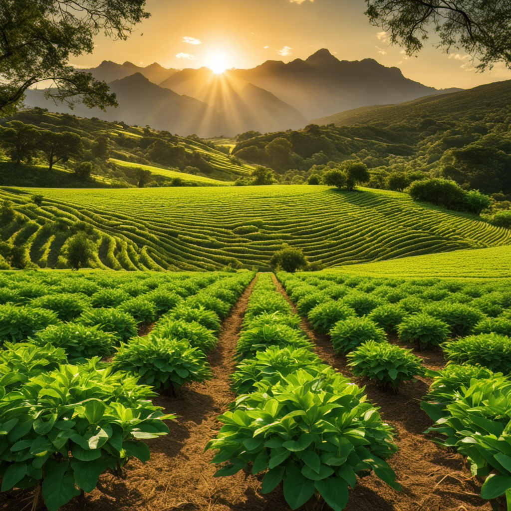 An image capturing the lush, verdant fields of Argentina, with rows of vibrant, leafy Yerba Mate plants stretching towards the horizon