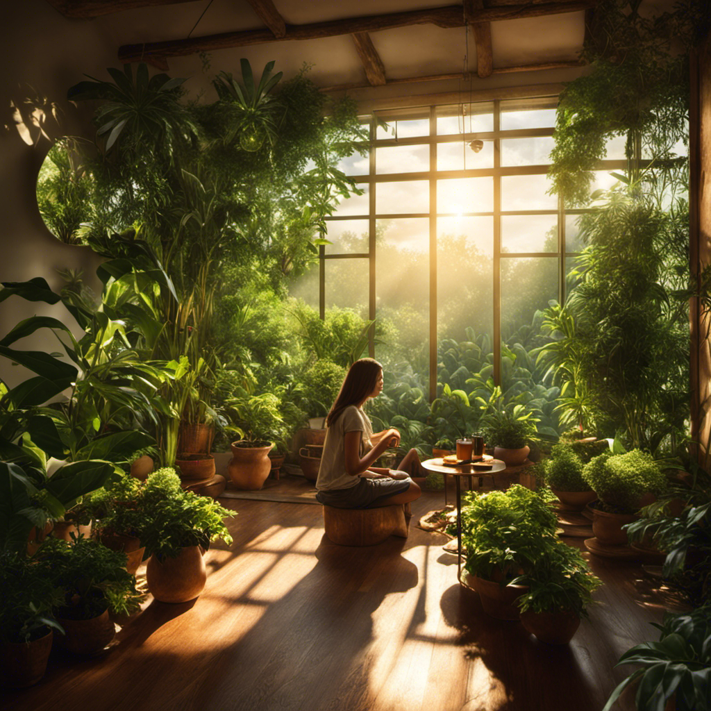An image showcasing a serene, sunlit room with a person peacefully sipping yerba mate, surrounded by lush green plants