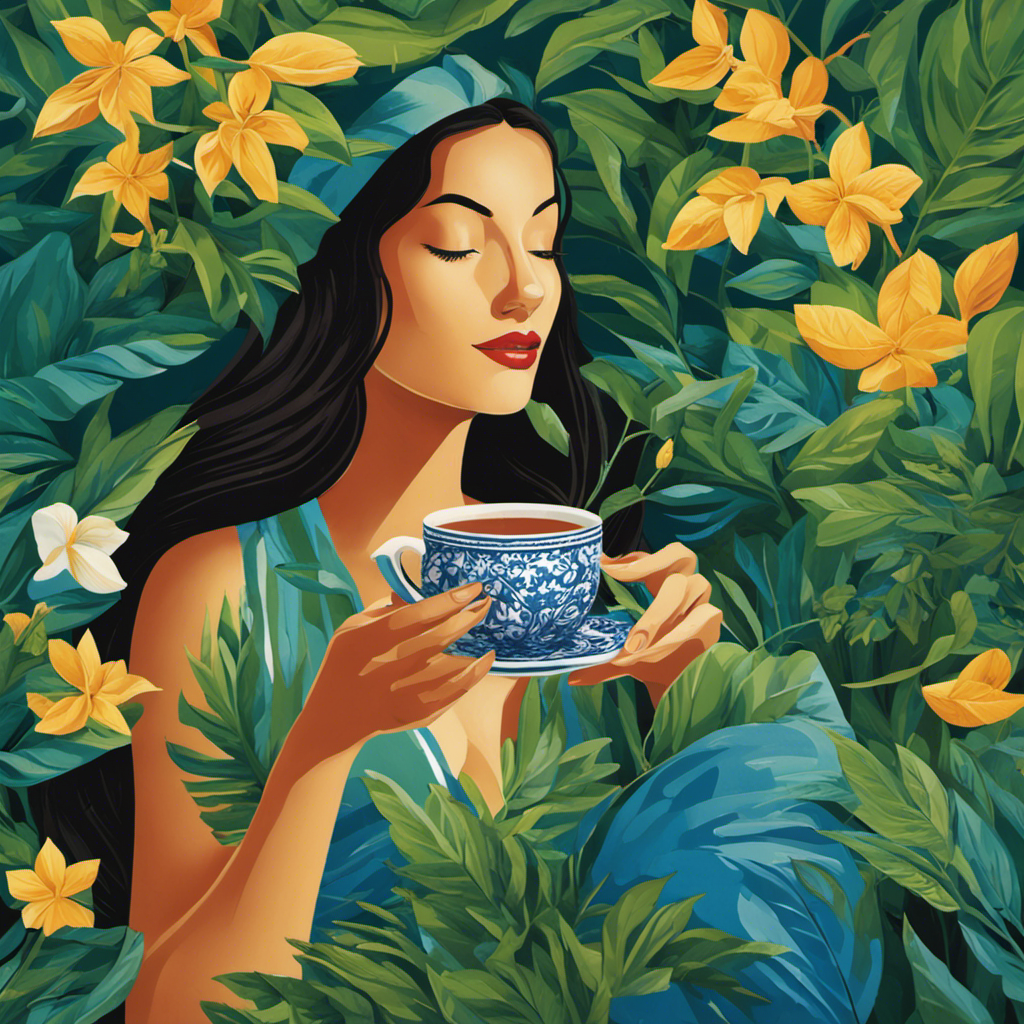 An image depicting a woman peacefully sipping Yerba Mate tea, surrounded by vibrant green leaves and soothing blue tones, emphasizing the connection between Yerba Mate and relief from urinary tract infections