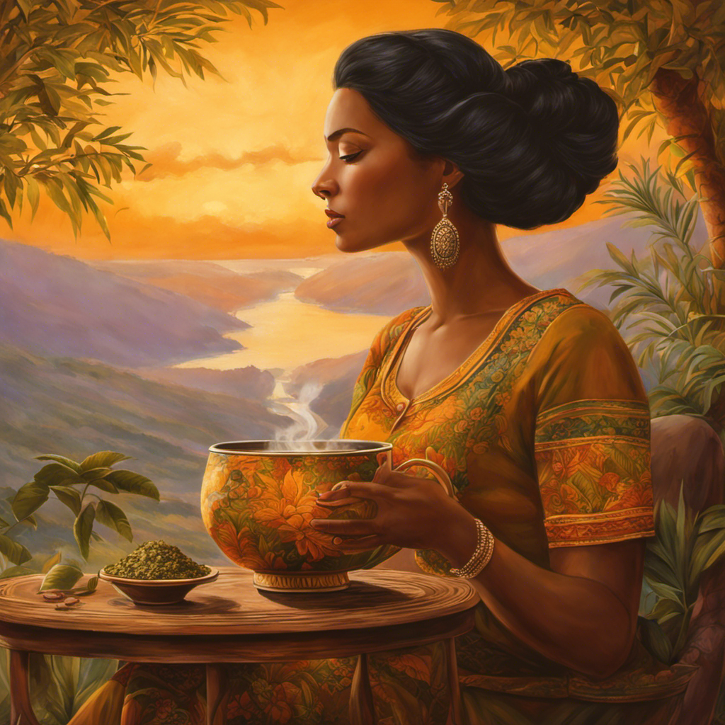 An image of a woman holding a cup of steaming yerba mate, sitting comfortably on a chair, with a serene expression on her face