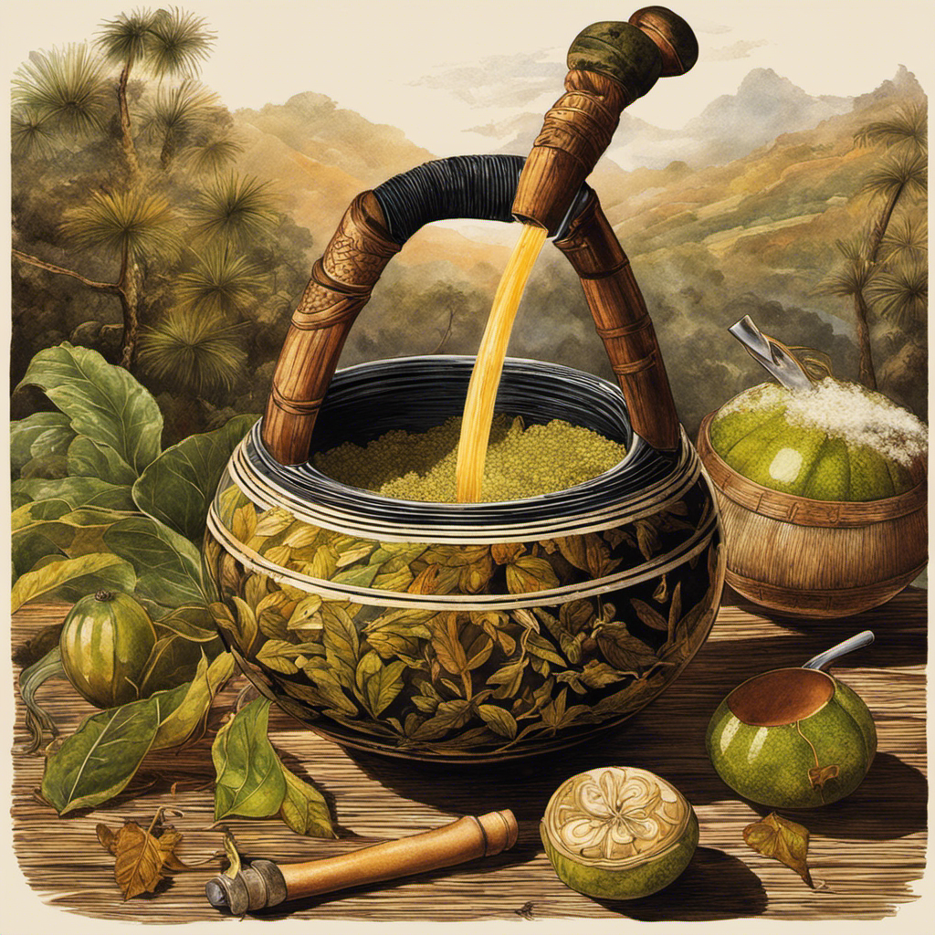 An image showcasing the traditional process of preparing Yerba Mate: a gourd filled with dried leaves, a bombilla (filtered straw), hot water being poured, wisps of steam rising, and a hand holding the gourd