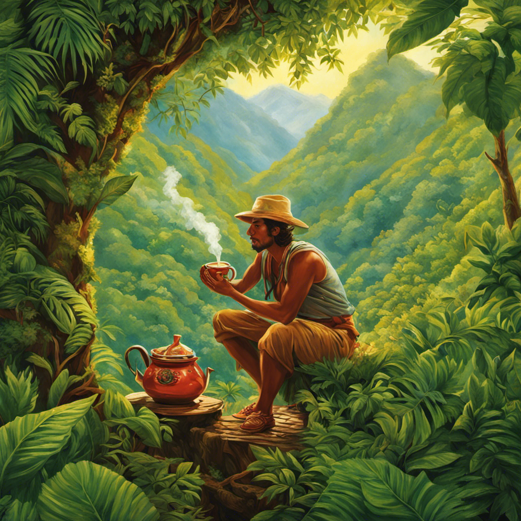 An image depicting a person enjoying a steaming cup of yerba mate, surrounded by lush greenery