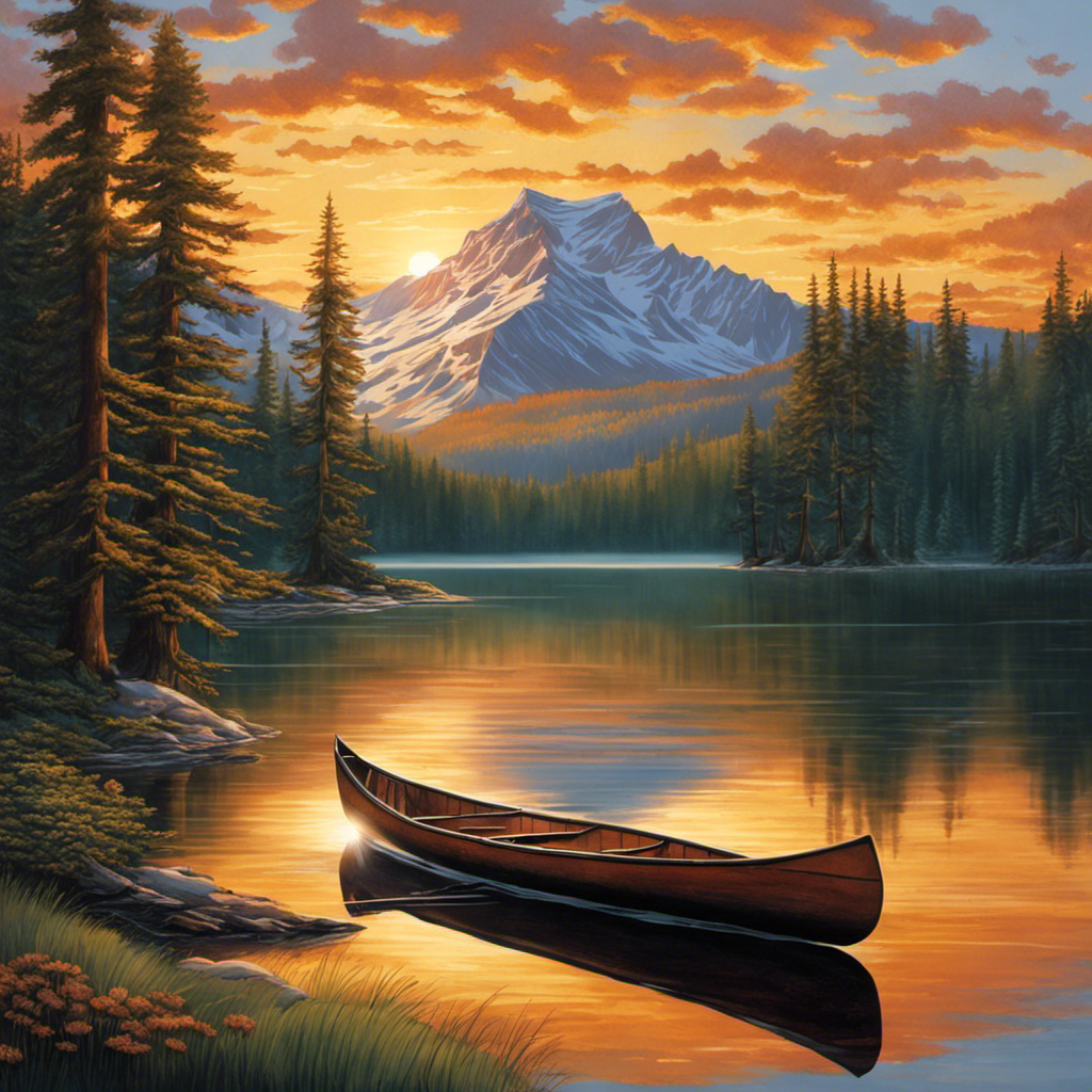 An image capturing the serene beauty of a canoe gliding through a glassy lake, surrounded by towering pine trees, as the sun sets behind distant mountains, evoking the sense of endless possibilities and the allure of exploring nature's depths