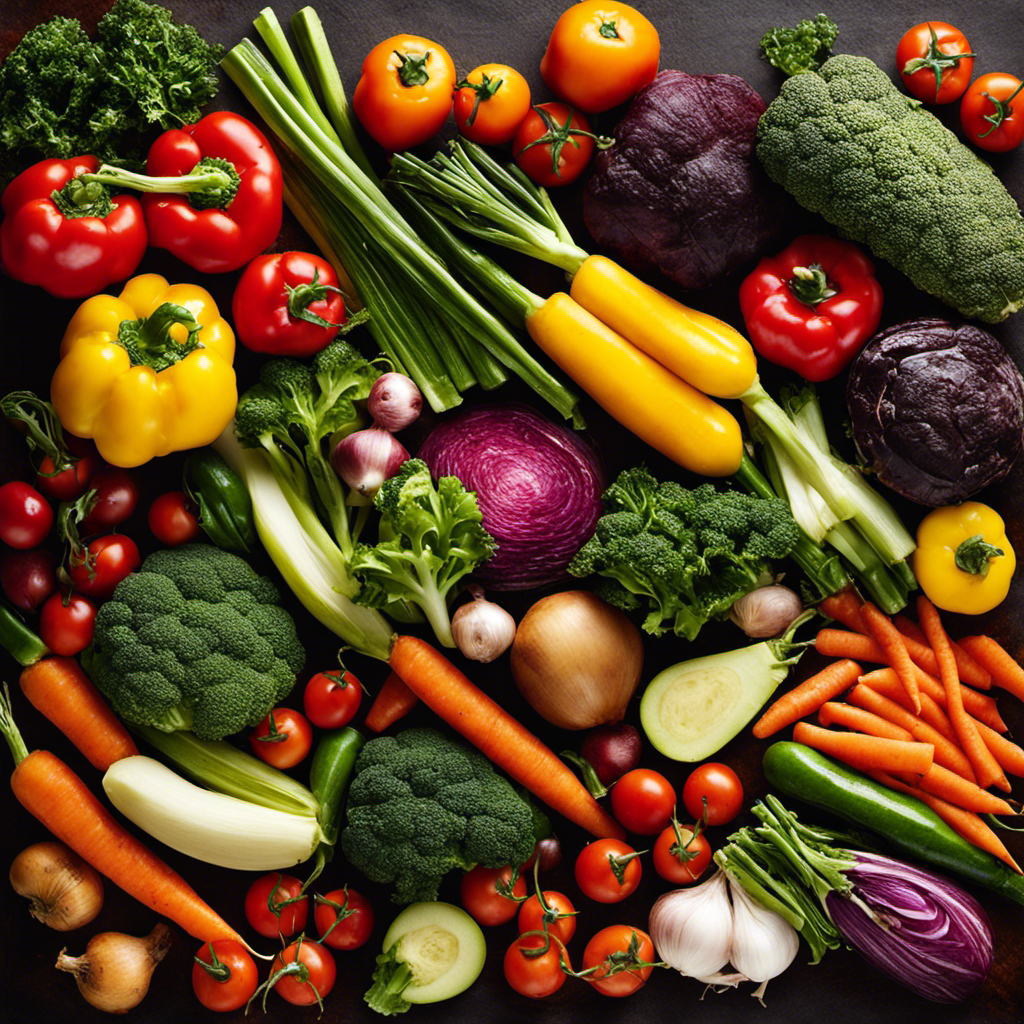 An image showcasing a vibrant assortment of colorful vegetables, evenly roasted to perfection, exuding a tantalizing aroma