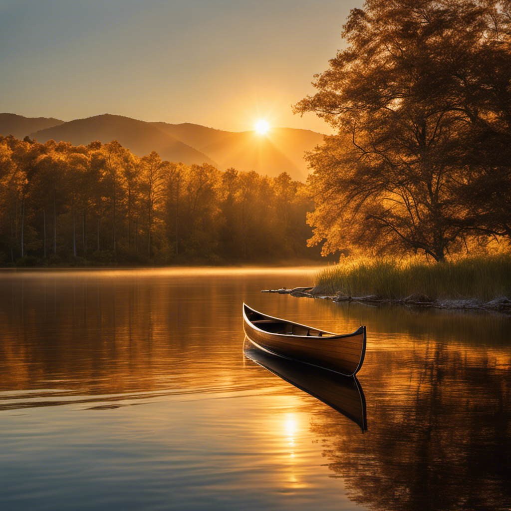 An image that showcases a sturdy, wooden canoe floating gracefully on calm, crystal-clear water