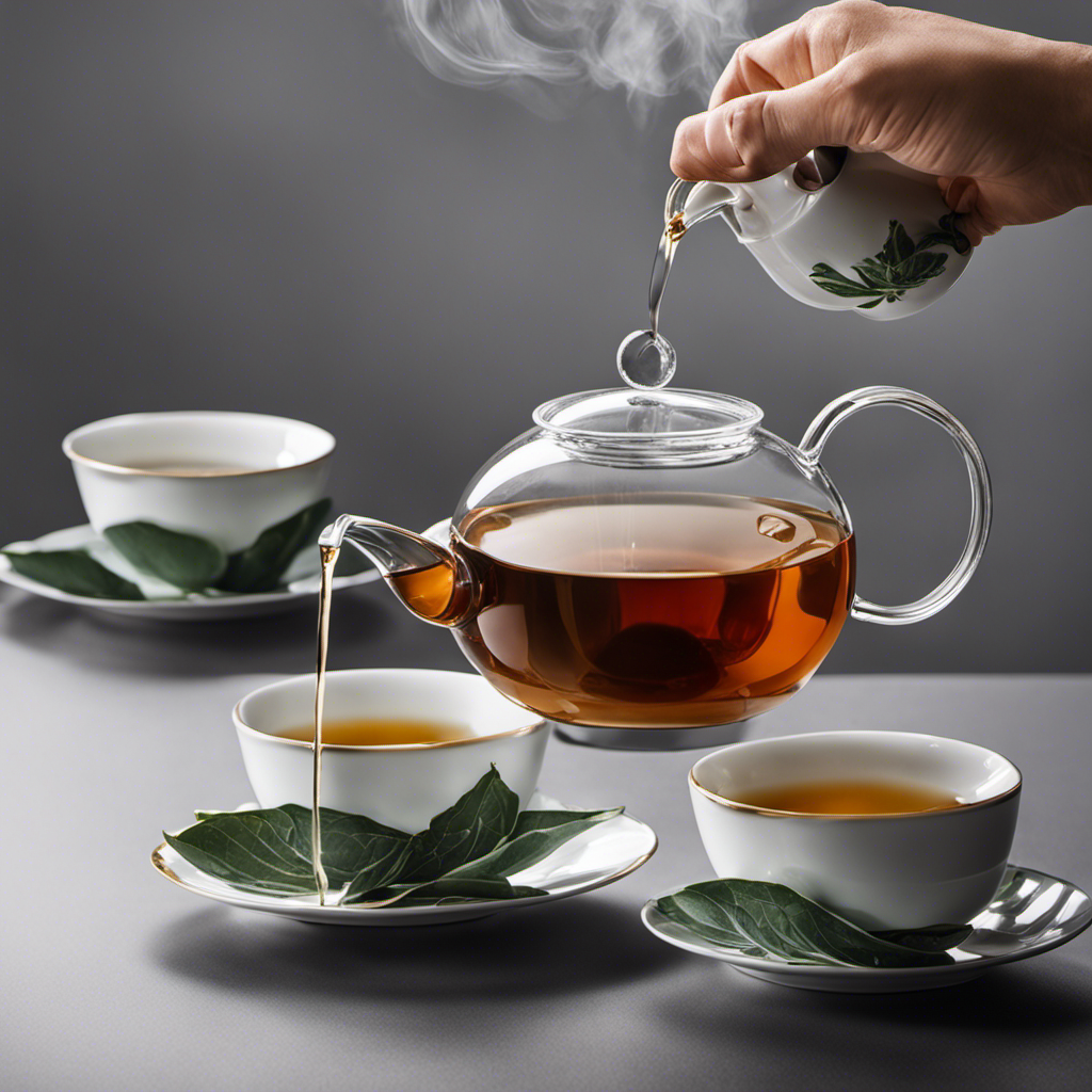 An image capturing the perfect oolong tea steeping process: a delicate porcelain teapot pouring steaming water onto curled oolong leaves, suspended in mid-air, as steam gently rises, showcasing the ideal balance of temperature and infusion