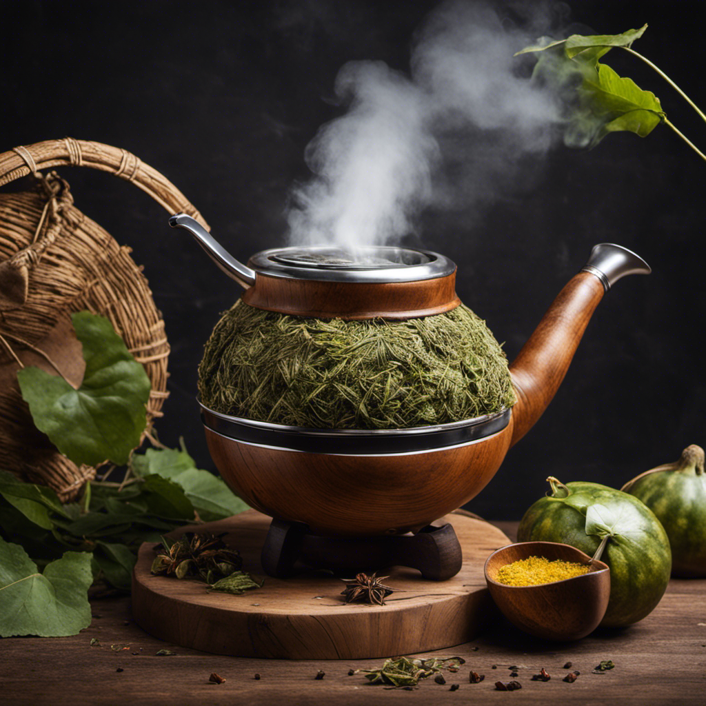 An image showcasing a traditional gourd filled with steaming yerba mate leaves, surrounded by a rustic wooden bombilla, a kettle pouring hot water, and delicate wisps of steam rising from the infusion