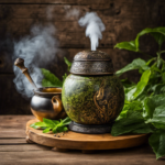 An image that showcases the vibrant essence of Yerba Mate, with a traditional gourd and bombilla resting on a rustic wooden table, surrounded by lush green leaves and steam rising from a freshly brewed cup