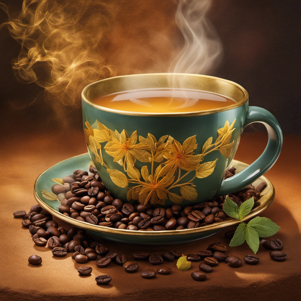 An image showcasing a warm cup of rich, earthy coffee, gently steaming beside a vibrant goldenseal plant