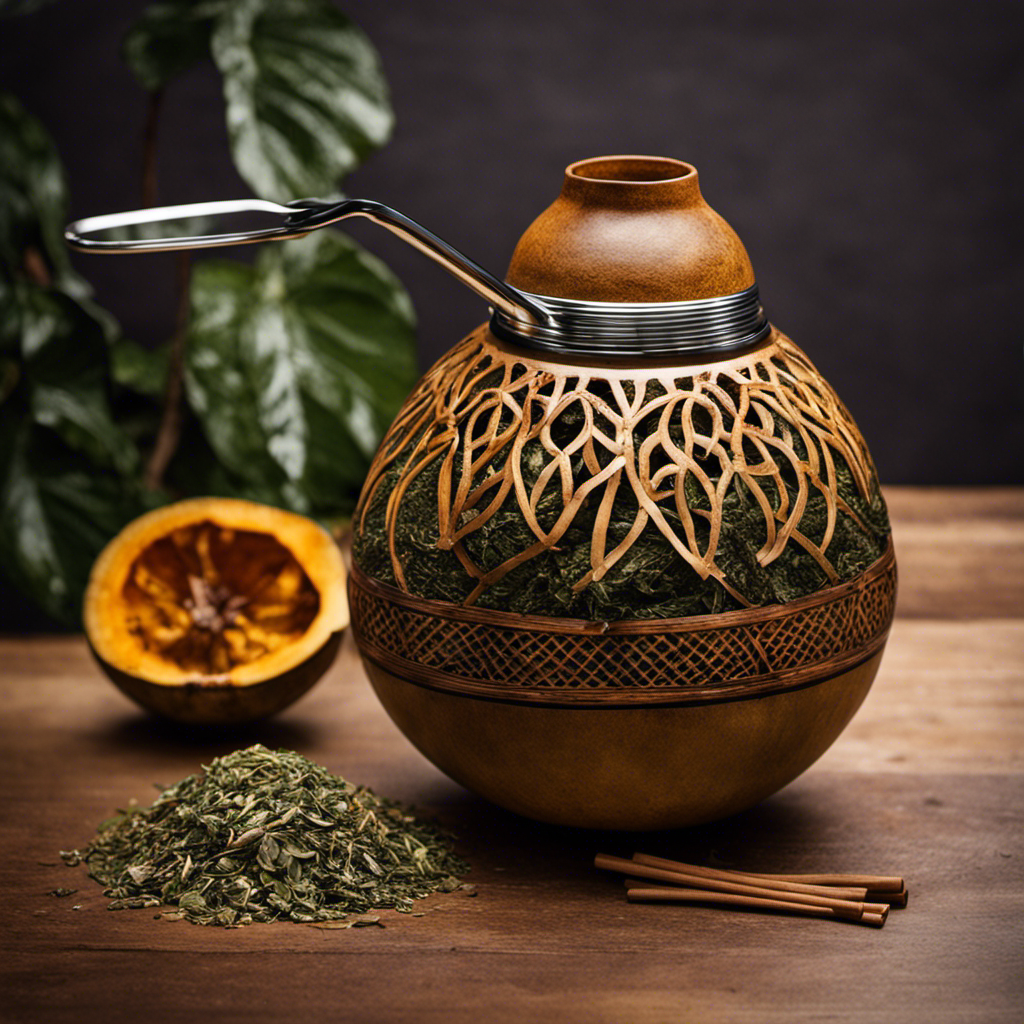An image that showcases the step-by-step process of preparing traditional Yerba Mate: a gourd filled with dried leaves, a bombilla (metal straw) immersed in the infusion, and steaming hot water being poured