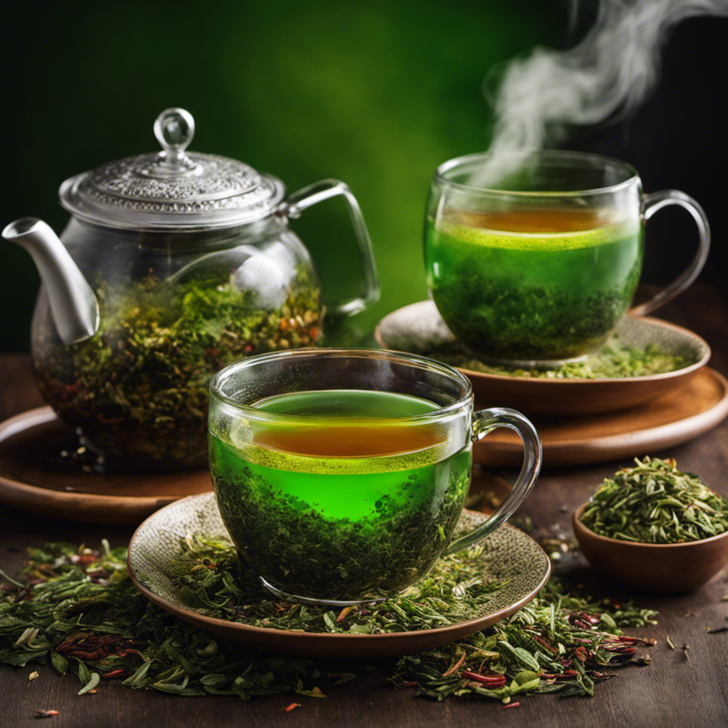 An image showing two steaming cups of tea side by side, one filled with vibrant green liquid and the other with a rich, earthy hue