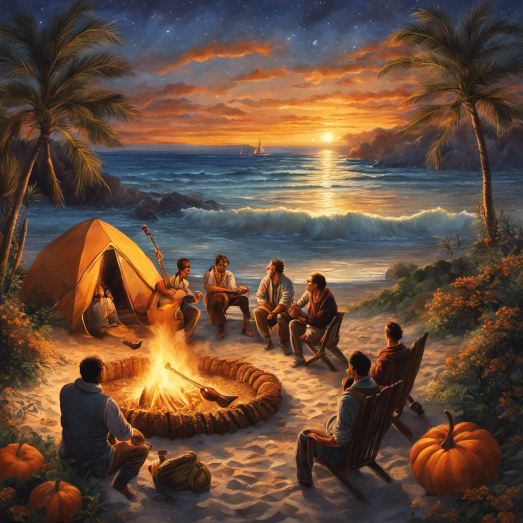 An image showcasing a serene sunset beach scene, with a group of friends gathered around a bonfire, passing around gourds filled with steaming yerba mate, spreading warmth and camaraderie under the starry sky