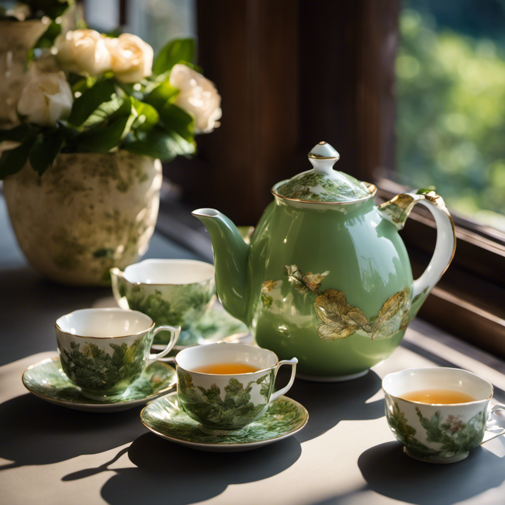 an exquisite porcelain teapot on a sun-drenched windowsill, surrounded by vibrant green oolong tea leaves and delicate tea cups, showcasing the passage of time through changing shadows and the softening hues of the brew