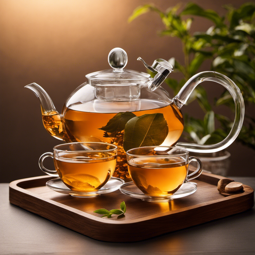 An image showcasing a clear glass teapot filled with aromatic, amber-hued oolong tea