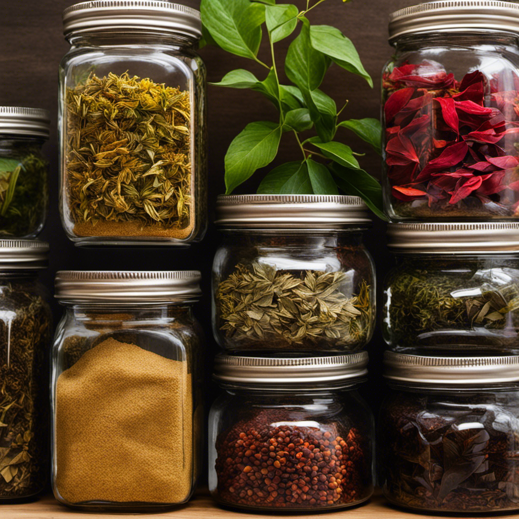 An image showcasing a well-organized pantry with neatly labeled glass jars filled with vibrant, aromatic dried yerba mate leaves