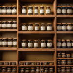 An image that showcases a beautifully arranged collection of oolong tea leaves in various shades, neatly stored in airtight containers, surrounded by vintage wooden shelves and jars, evoking a sense of timelessness and longevity