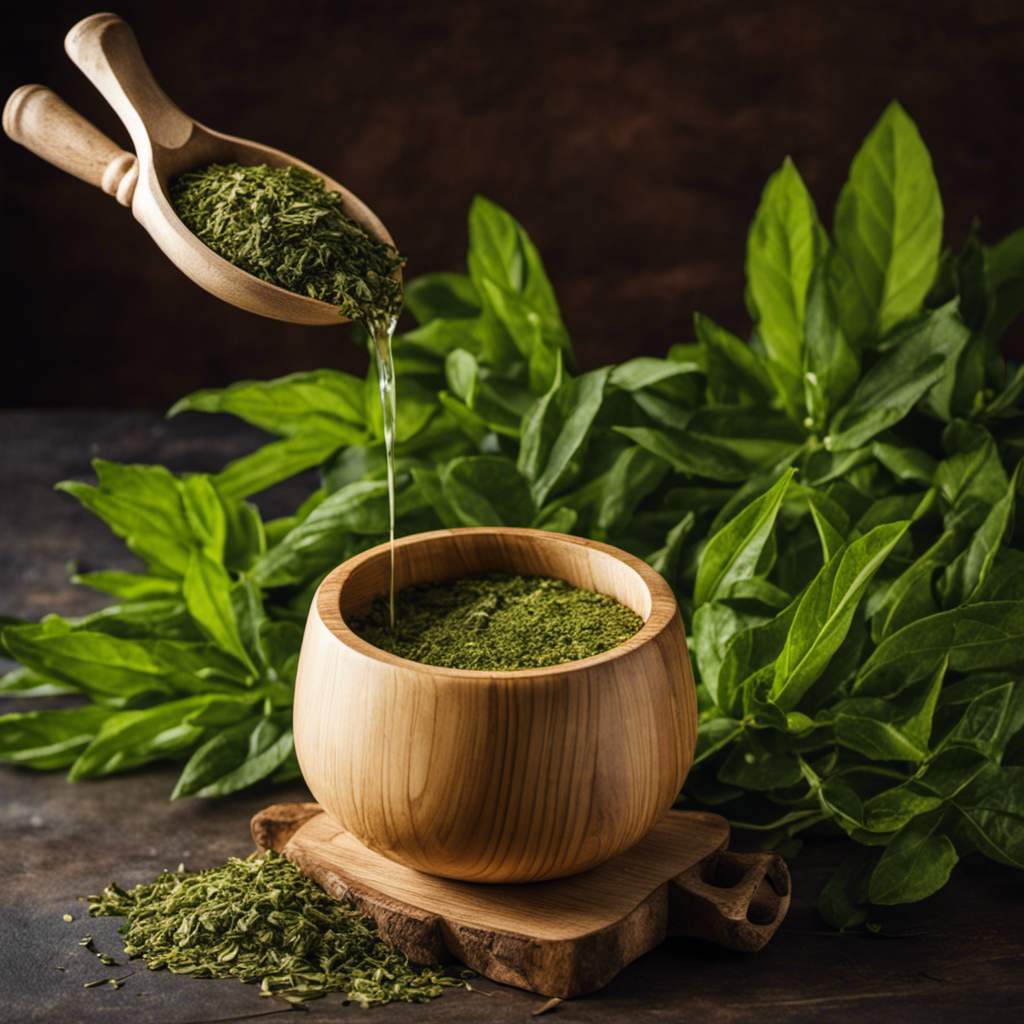 An image showcasing a rustic wooden cup filled with vibrant green yerba mate leaves, steeping in hot water