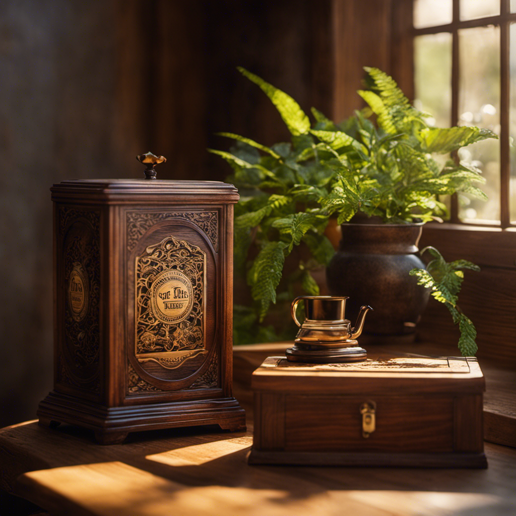 An image depicting a serene setting with warm sunlight streaming through a window onto a well-preserved wooden box of yerba mate tea, accompanied by a vintage timer subtly hinting at the passing of time