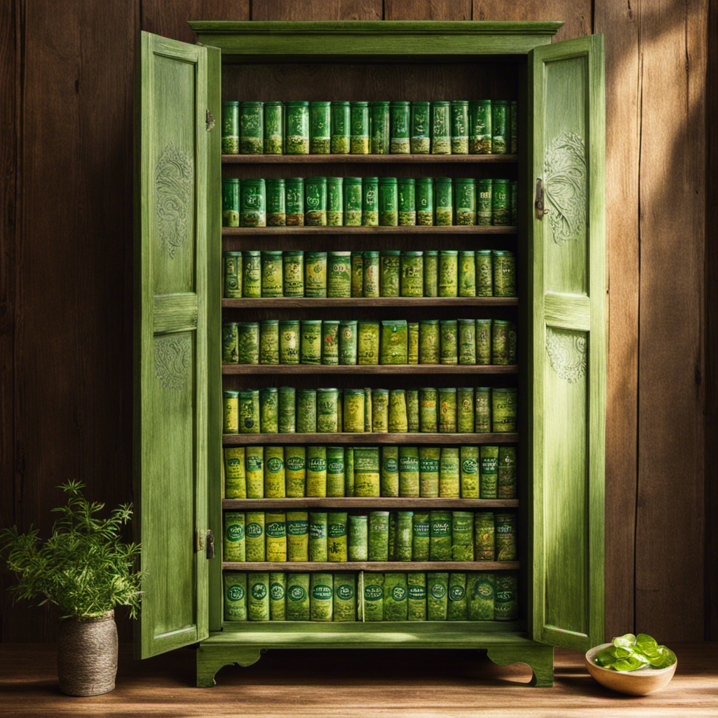 An image showcasing a rustic wooden cupboard filled with neatly stacked, vibrant green yerba mate packets