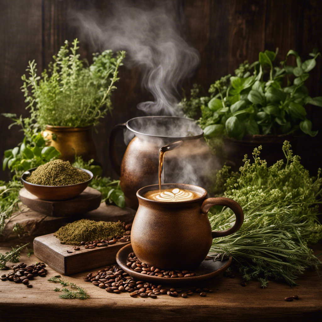 An image showcasing the slow brew process of a coffee substitute beverage: a steaming, rustic mug sits atop a weathered wooden table, surrounded by freshly ground herbs, while a delicate stream of golden liquid cascades from a vintage brewer