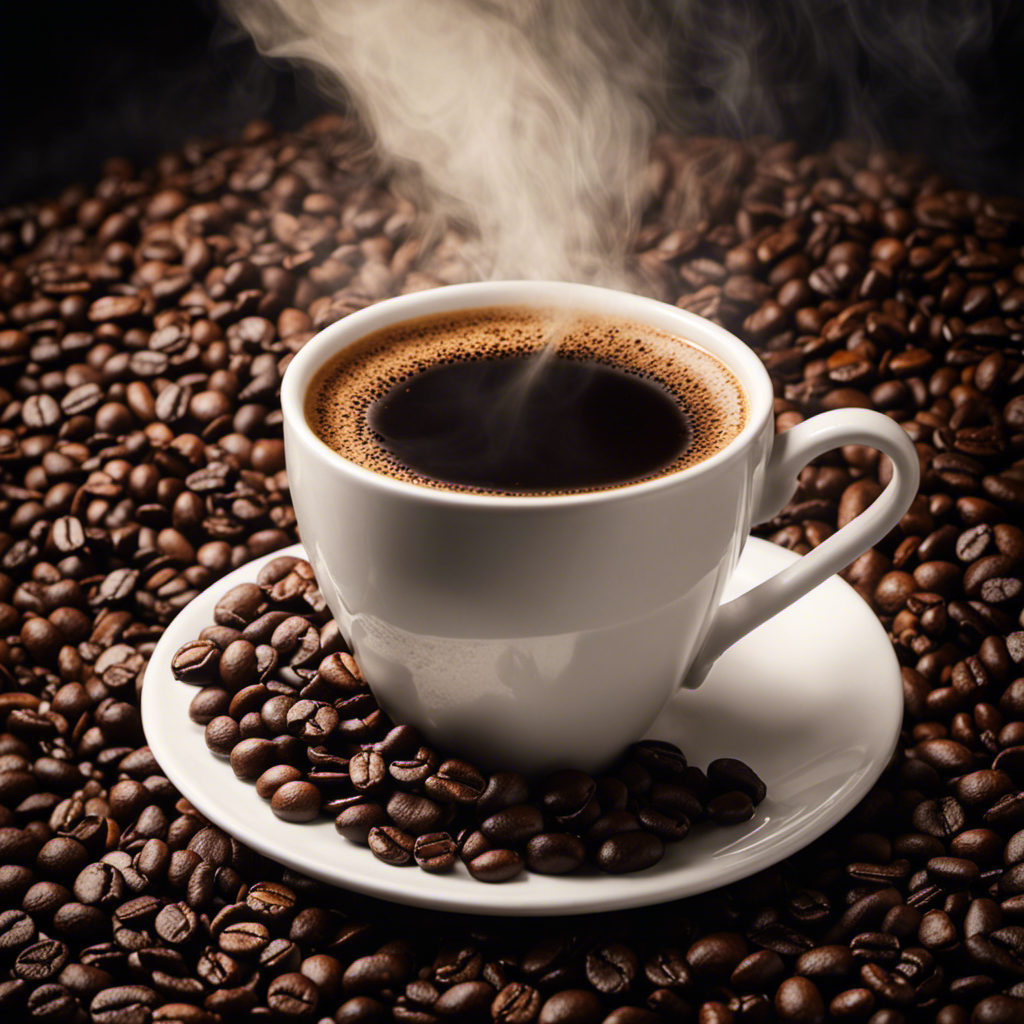 An image depicting a serene coffee cup nestled among freshly roasted beans, radiating warmth