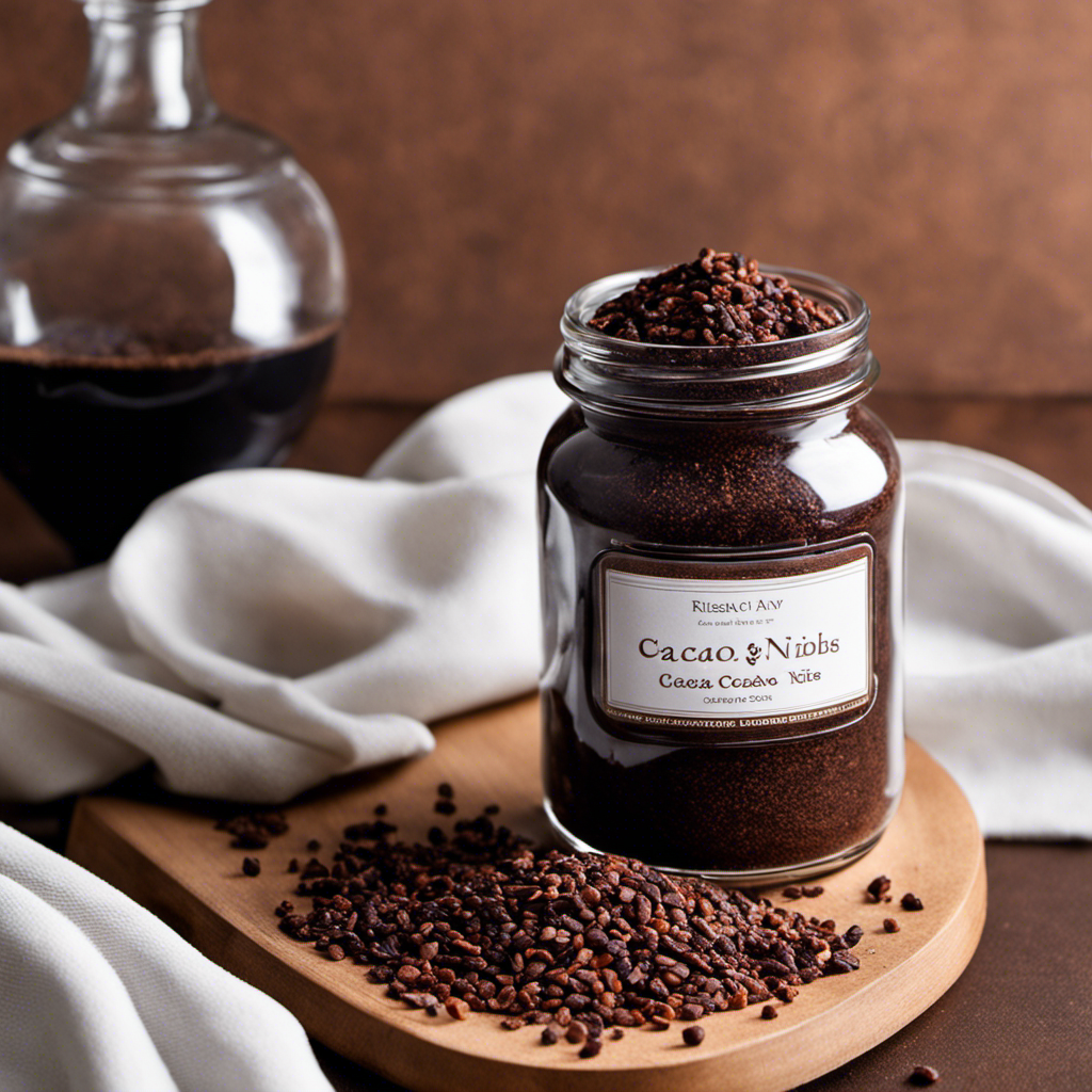 An image showcasing a glass jar filled with fresh raw cacao nibs, glistening with a rich, dark brown hue