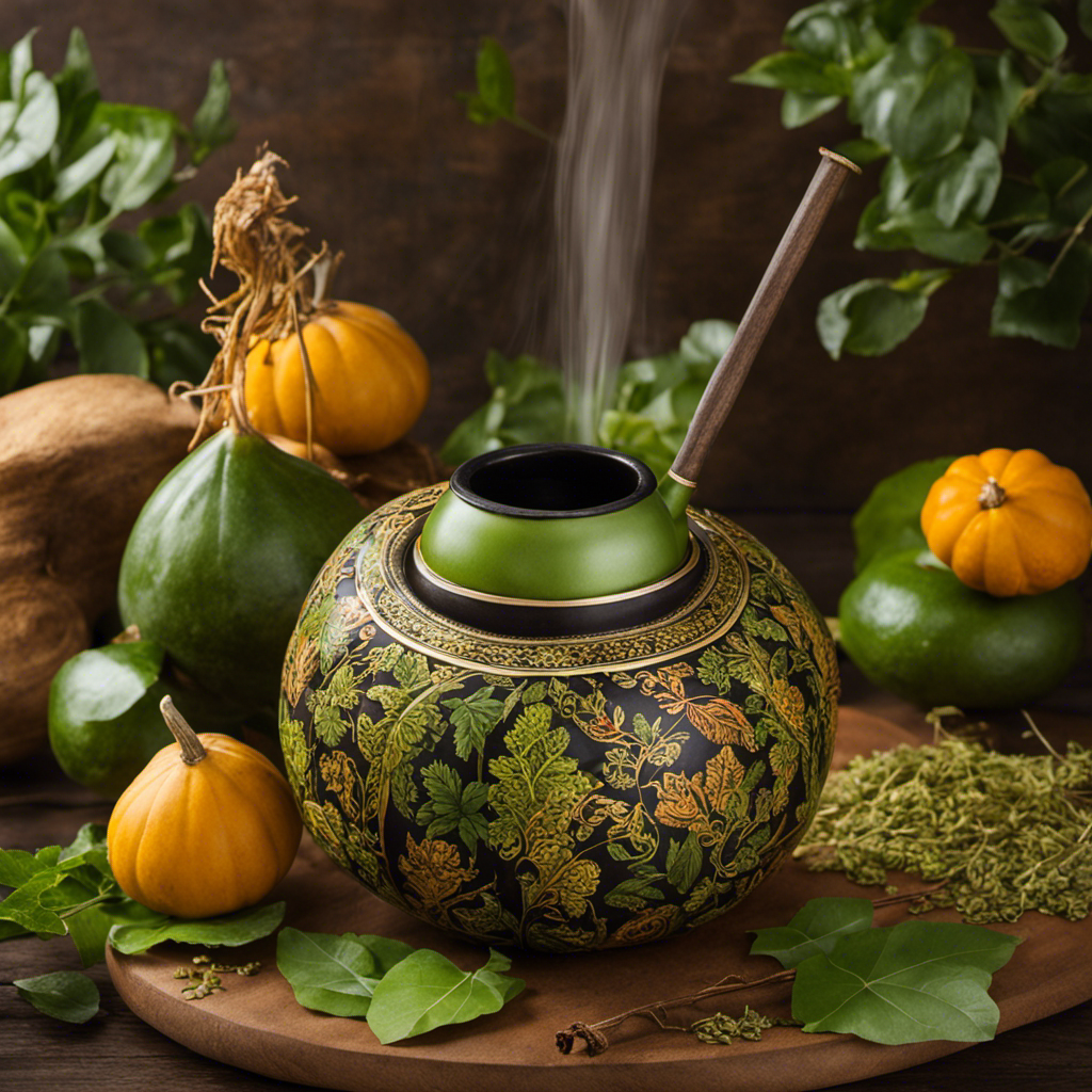 An image featuring a traditional gourd with a bombilla, filled with vibrant green yerba mate tea leaves steeped in hot water, demonstrating the perfect infusion time