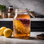 An image showcasing a glass jar filled with fermenting kombucha tea, positioned on a kitchen countertop