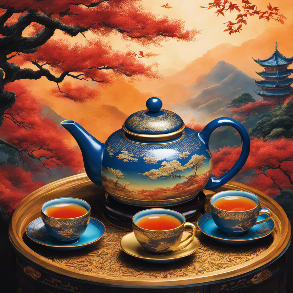 An image showcasing a serene setting with a traditional Chinese teapot, filled with steaming oolong tea, gracefully pouring into delicate cups