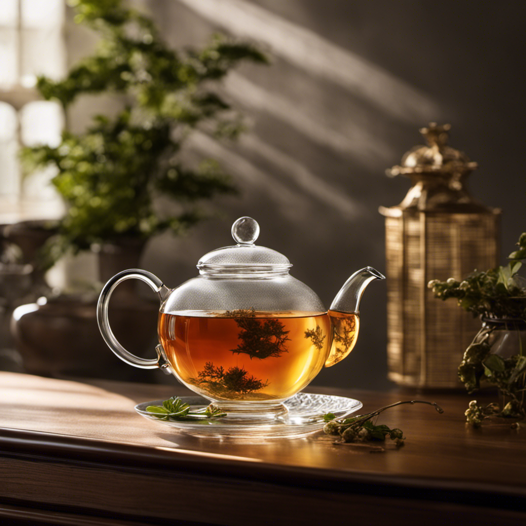 An image showcasing a serene, sunlit room with a delicate porcelain teapot, emitting a fragrant wisp of steam